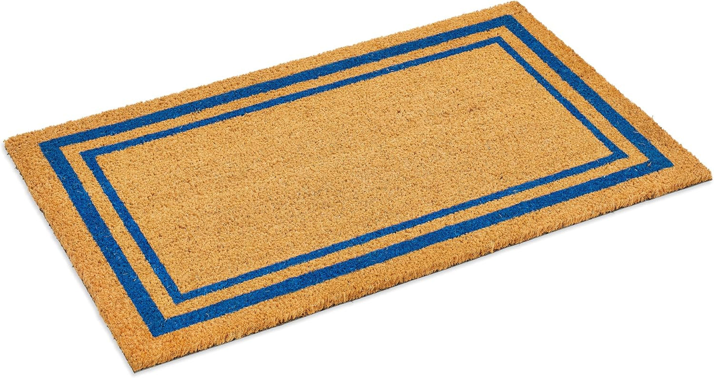 Ecomills Blue Border Coco Coir Doormat, 18" x 30", Non-Slip Backing Front Door Mat for Outdoor Indoor Entrance