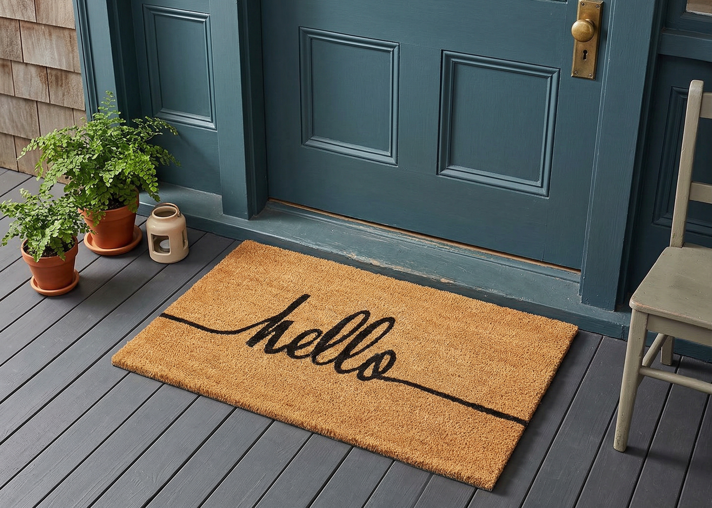 Cursive Hello Coir Doormat - lifestyle entryway view