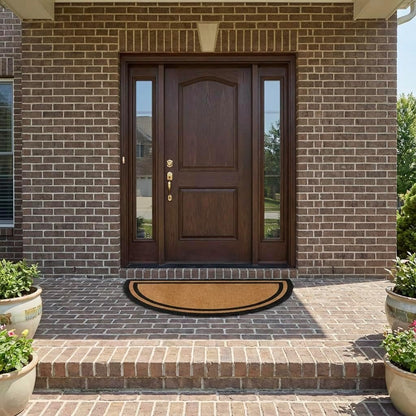 Half Round Black Border Coir Doormat with Woven Back in-use lifestyle view 1