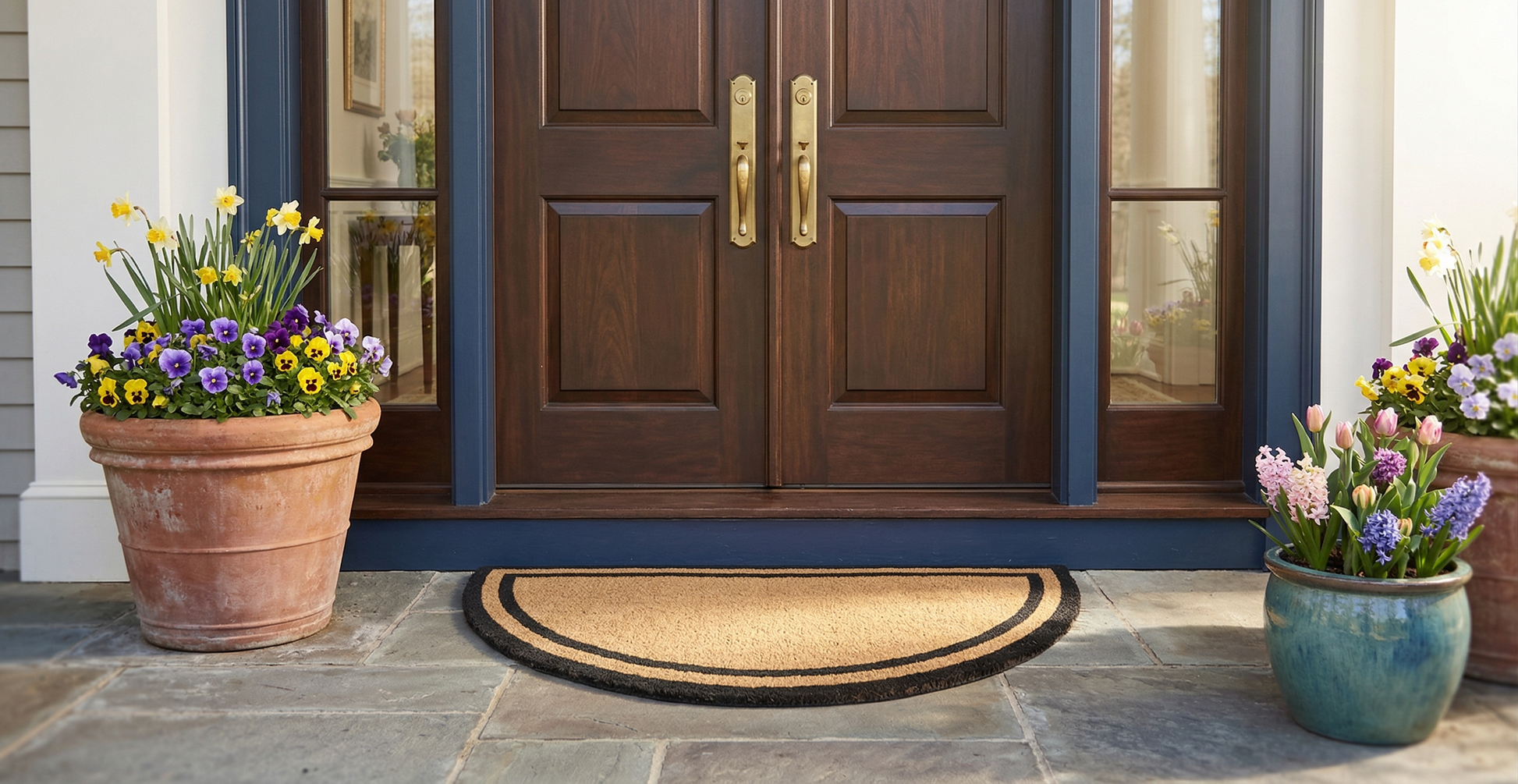 Half Round Black Border Coir Doormat with Woven Back in-use lifestyle view