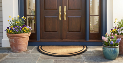 Half Round Black Border Coir Doormat with Woven Back in-use lifestyle view