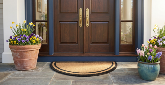 Half Round Black Border Coir Doormat with Woven Back in-use lifestyle view - SKU 1171