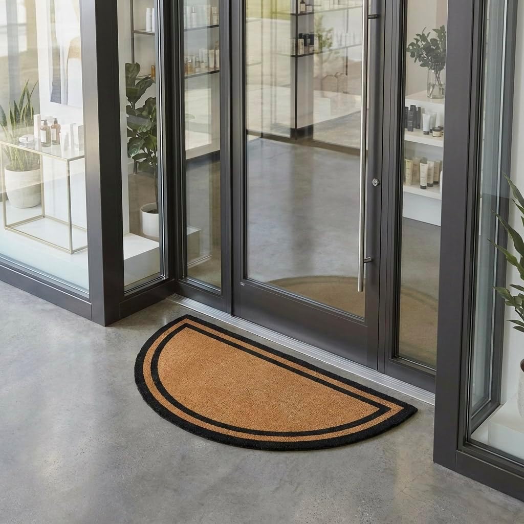 Half Round Black Border Coir Doormat with Woven Back in-use lifestyle view 2