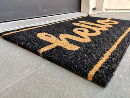 Black Hello Coir Doormat with Non-Slip Vinyl Backing - entryway product view