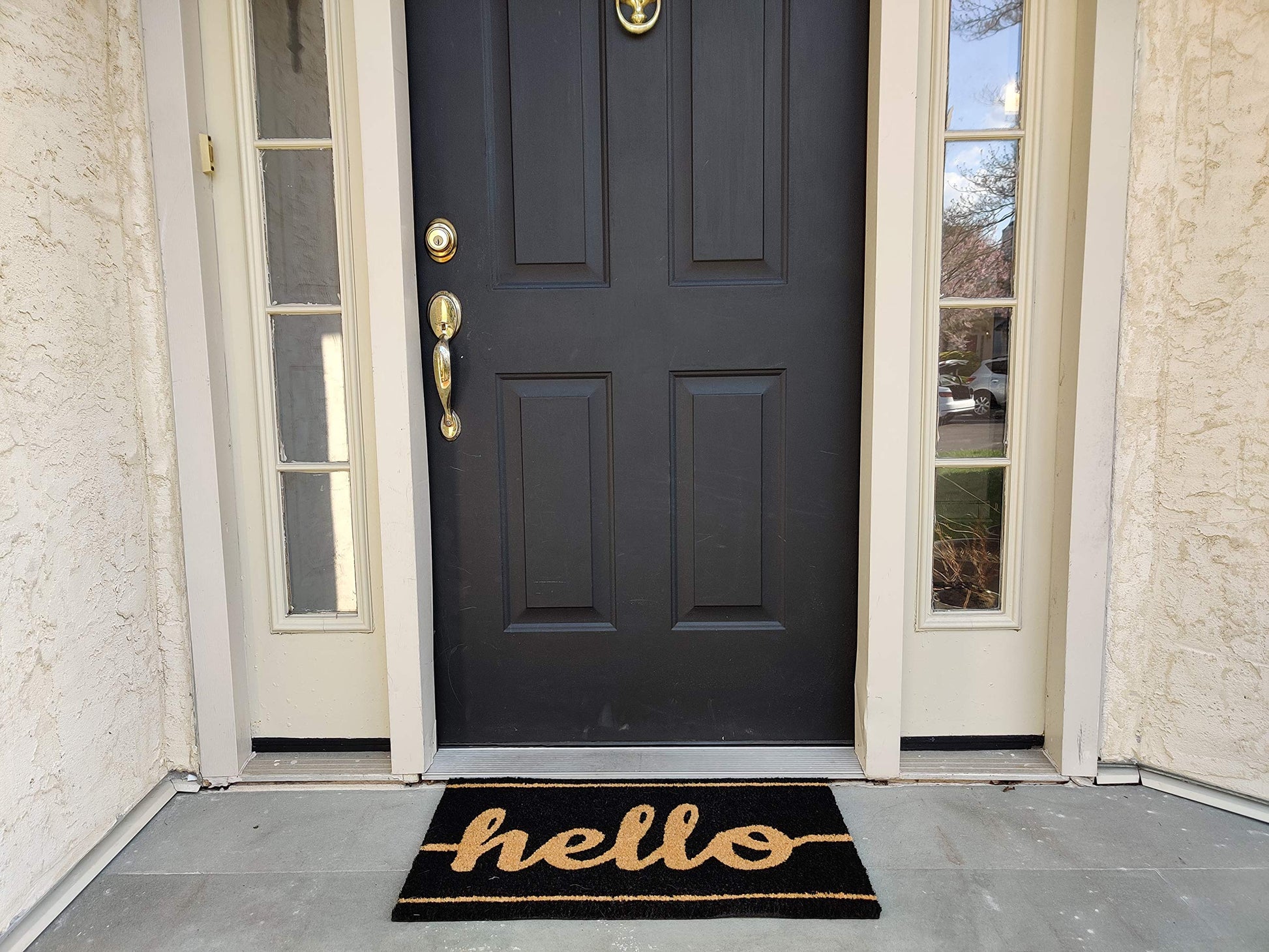 Black Hello Coir Doormat with Non-Slip Vinyl Backing - alternate product view