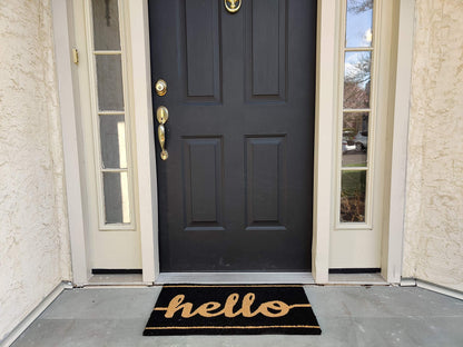 Black Hello Coir Doormat with Non-Slip Vinyl Backing - alternate product view