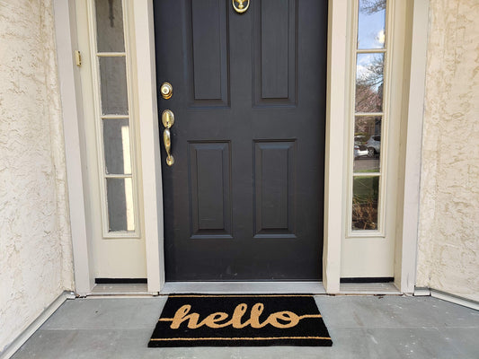 Black Hello Coir Doormat with Non-Slip Vinyl Backing - alternate product view