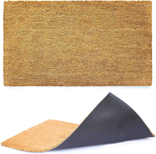 Custom size natural coco coir mat with corner flipped to show the non-slip vinyl backing