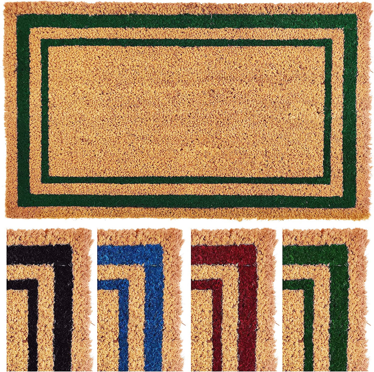Green Border Coir Mat, Vinyl Back, with swatches of all four border colours