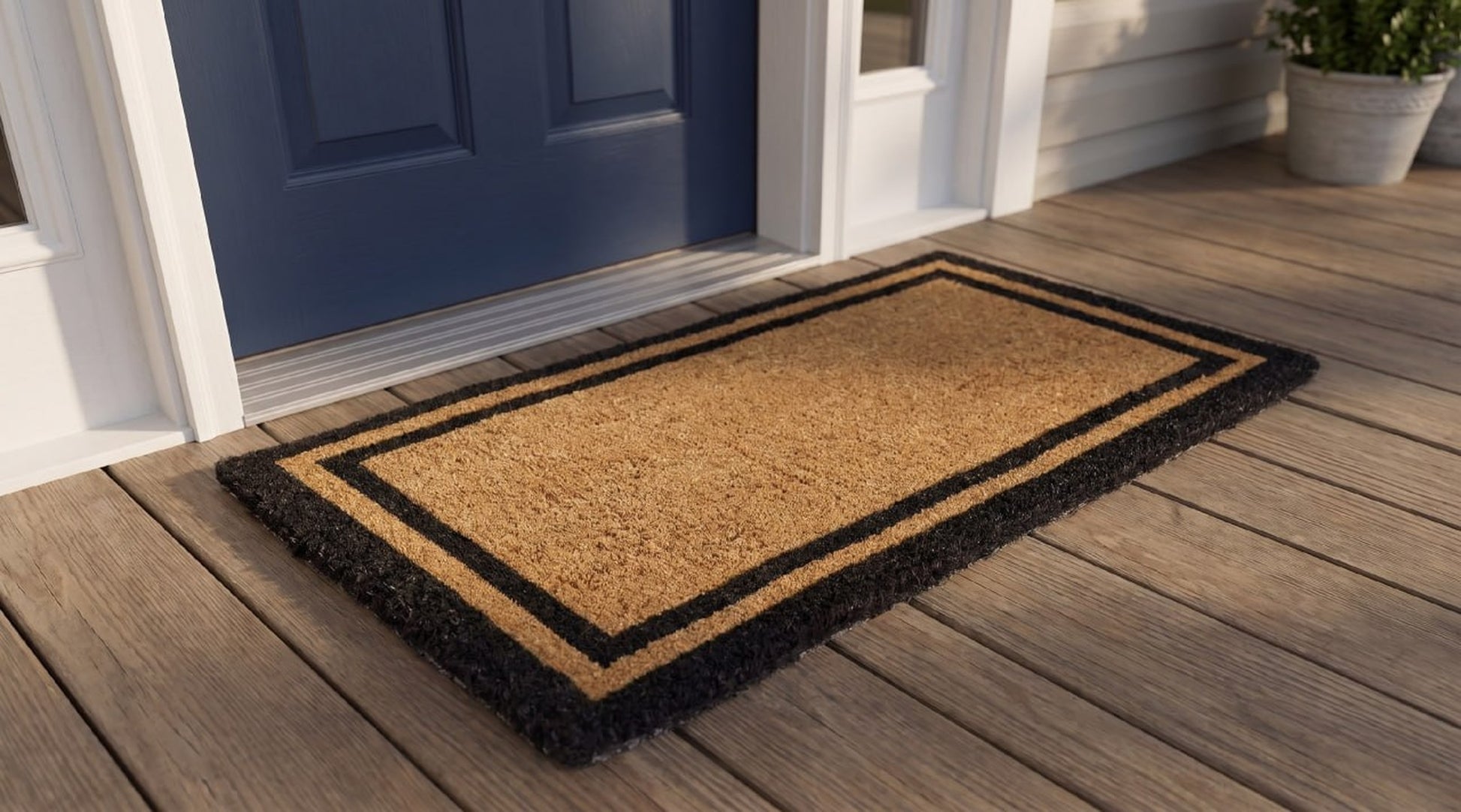 Black border woven-back coir doormat on front porch
