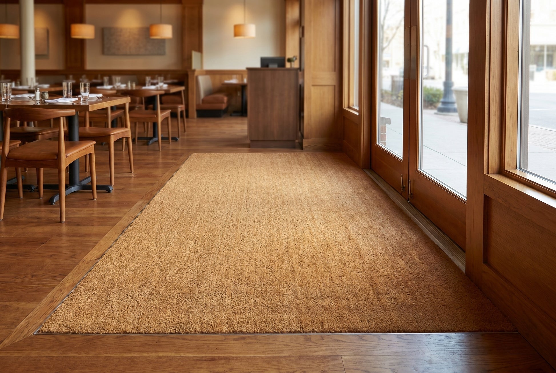 Custom cut coir mat installed flush in a recessed restaurant entrance