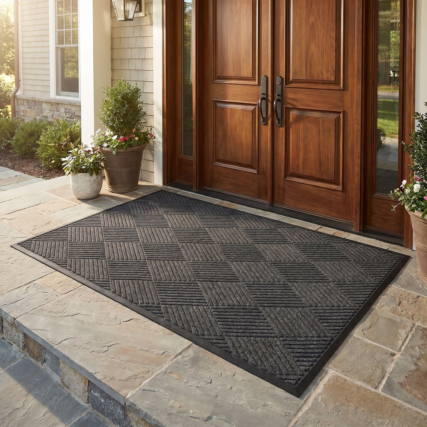 Diamond Water Trapper Mat 48 x 72 charcoal lifestyle image at front entry