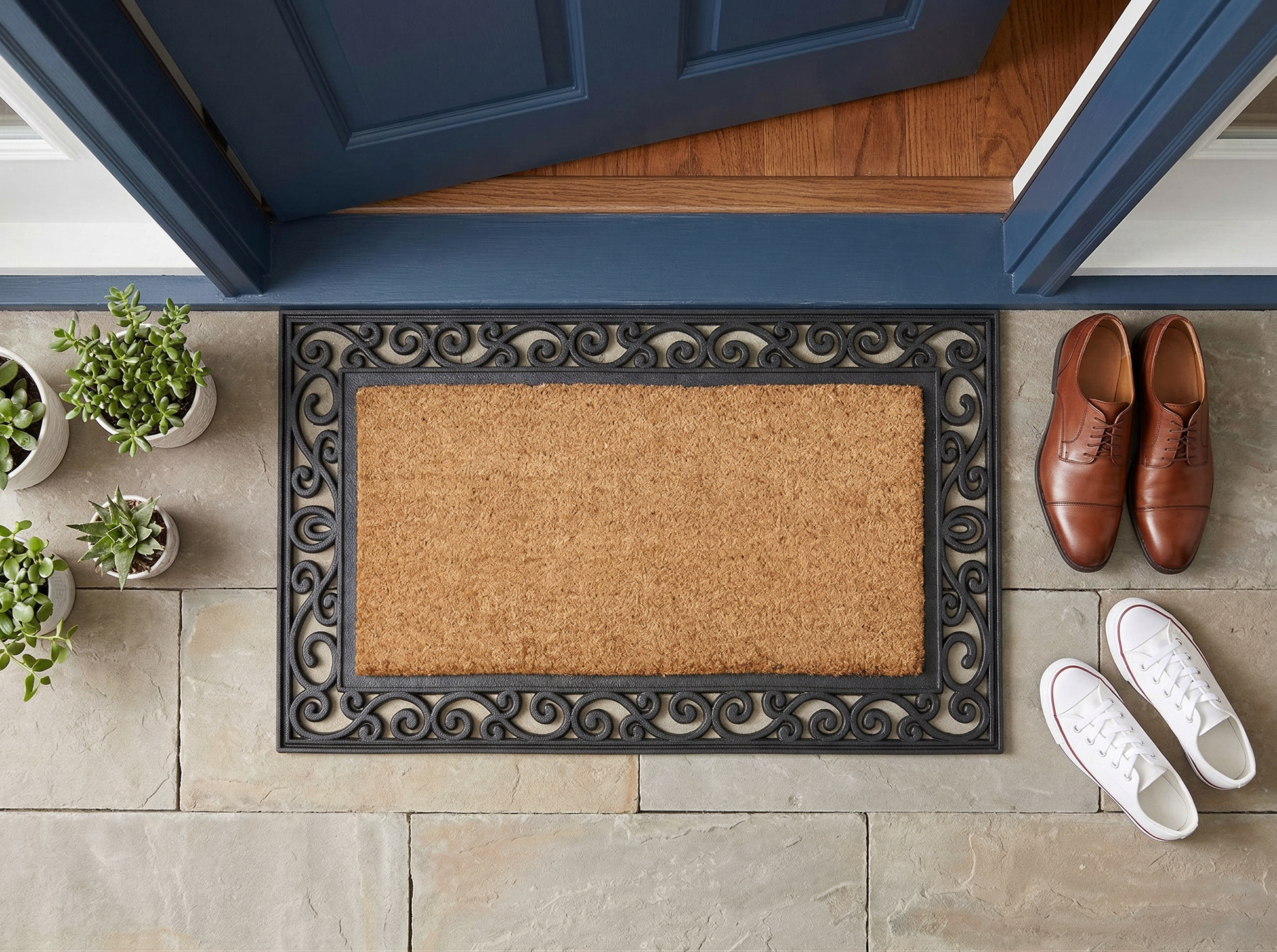 Inlaid Scroll Coir Doormat - lifestyle entryway view