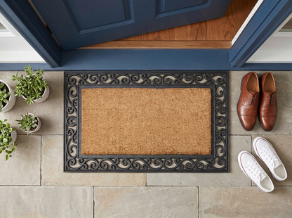 Inlaid Scroll Coir Doormat - lifestyle entryway view