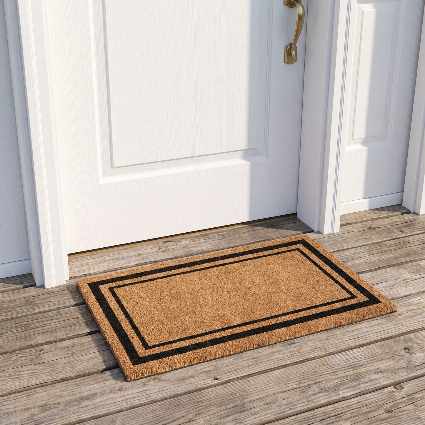 Kempf black border coir doormat with vinyl backing, 18 x 30, lifestyle photo