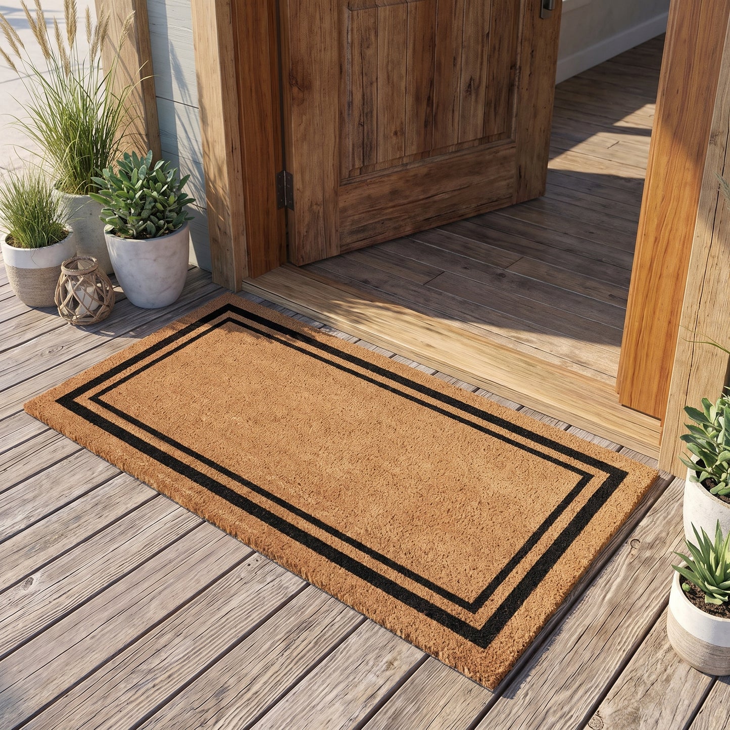 Kempf black border coir doormat with vinyl backing, 24 x 48, lifestyle photo