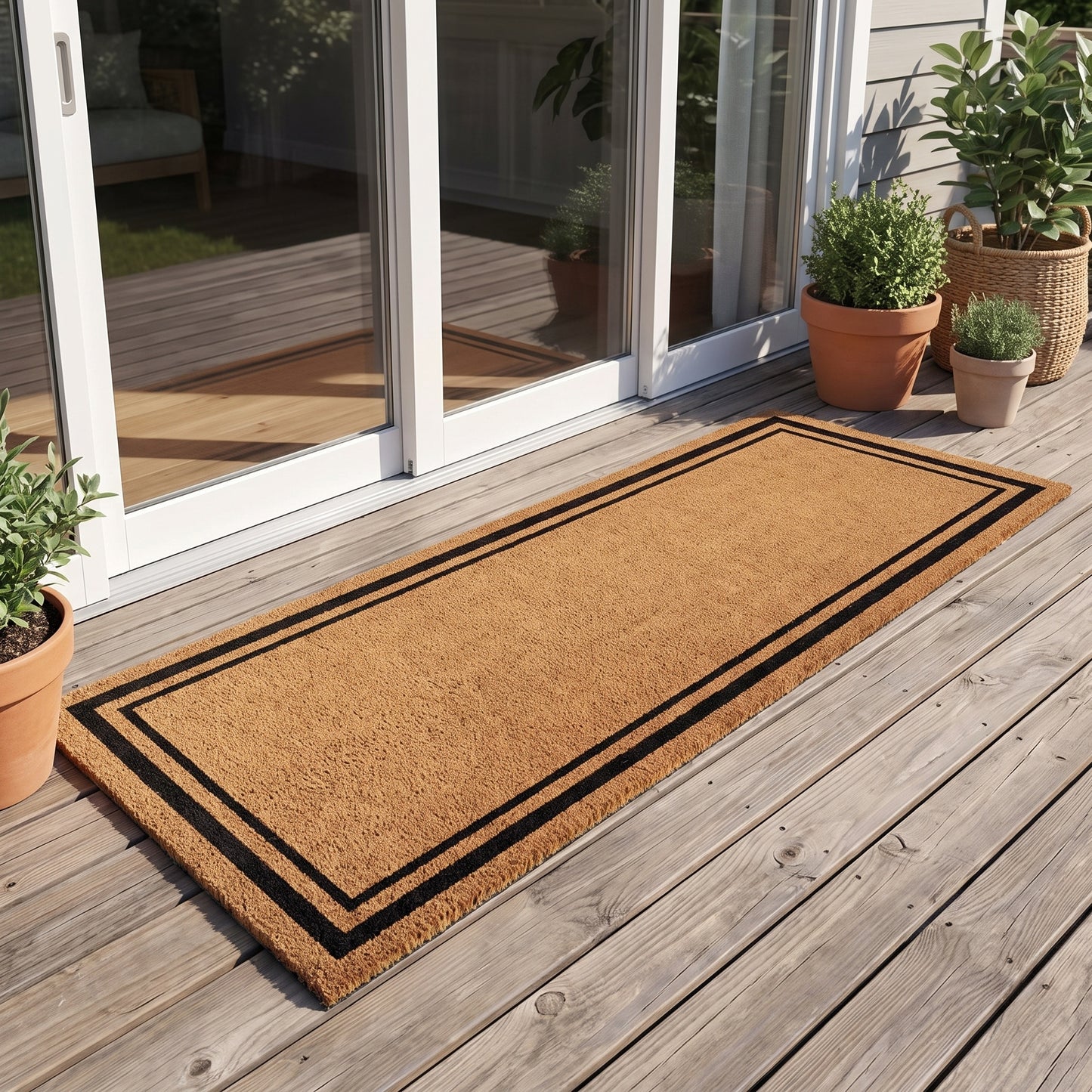 Kempf black border coir doormat with vinyl backing, 24 x 60, lifestyle photo