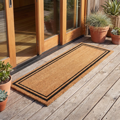 Kempf black border coir doormat with vinyl backing, 24 x 72, lifestyle photo