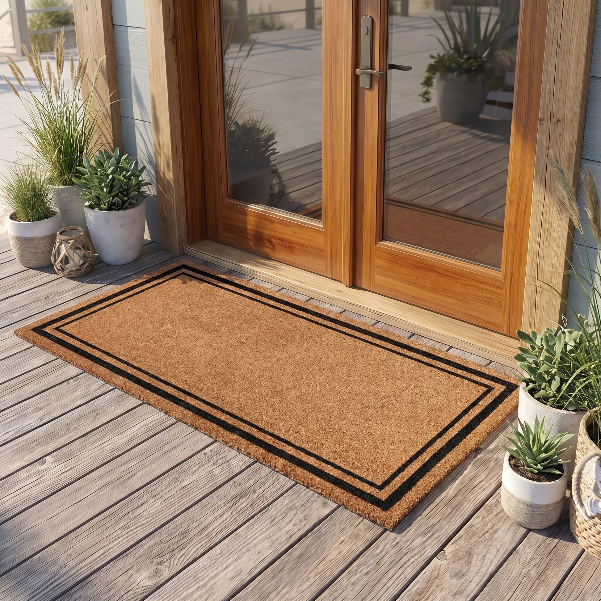 Kempf black border coir doormat with vinyl backing, 36 x 60, lifestyle photo