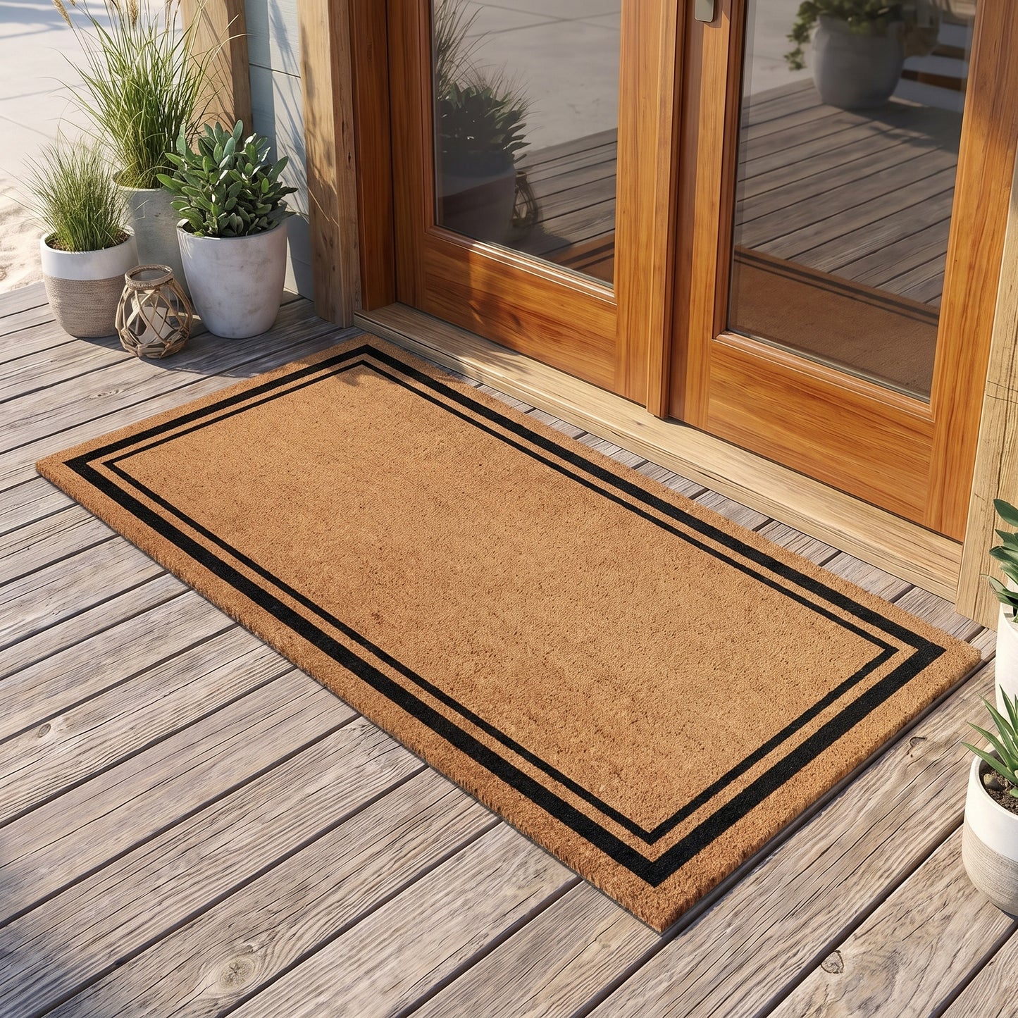 Kempf black border coir doormat with vinyl backing, 36 x 72, lifestyle photo