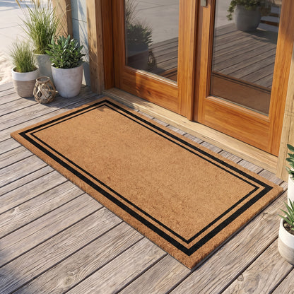 Kempf black border coir doormat with vinyl backing, 36 x 72, lifestyle photo